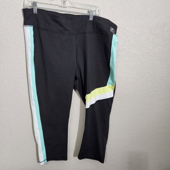 Fila Womens Black Capri Leggings Aqua White & Yellow Stripes Large Activewear - Picture 1 of 9